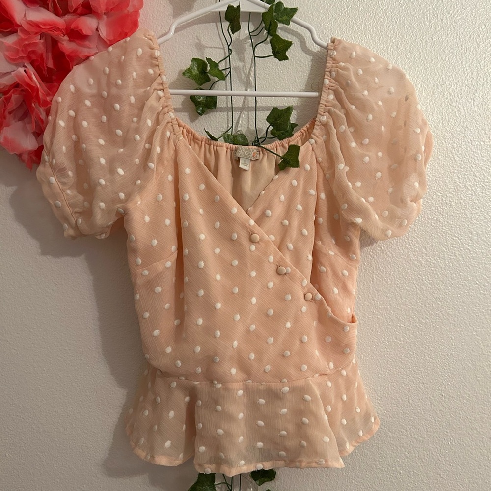 Peach Polka Dot Puff Sleeve Top